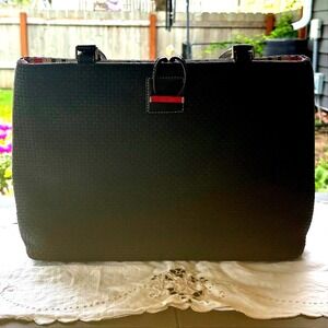 Kate Spade New York Sam Tote Bag Black Woven Leather Trim Striped Lining Vintage